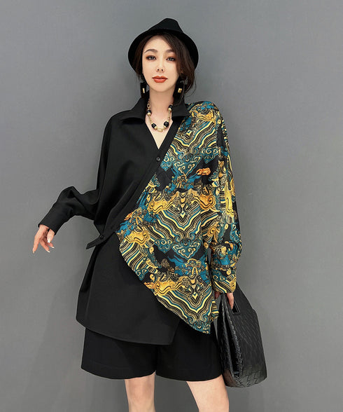 Diagonal Button V-neck Blouse